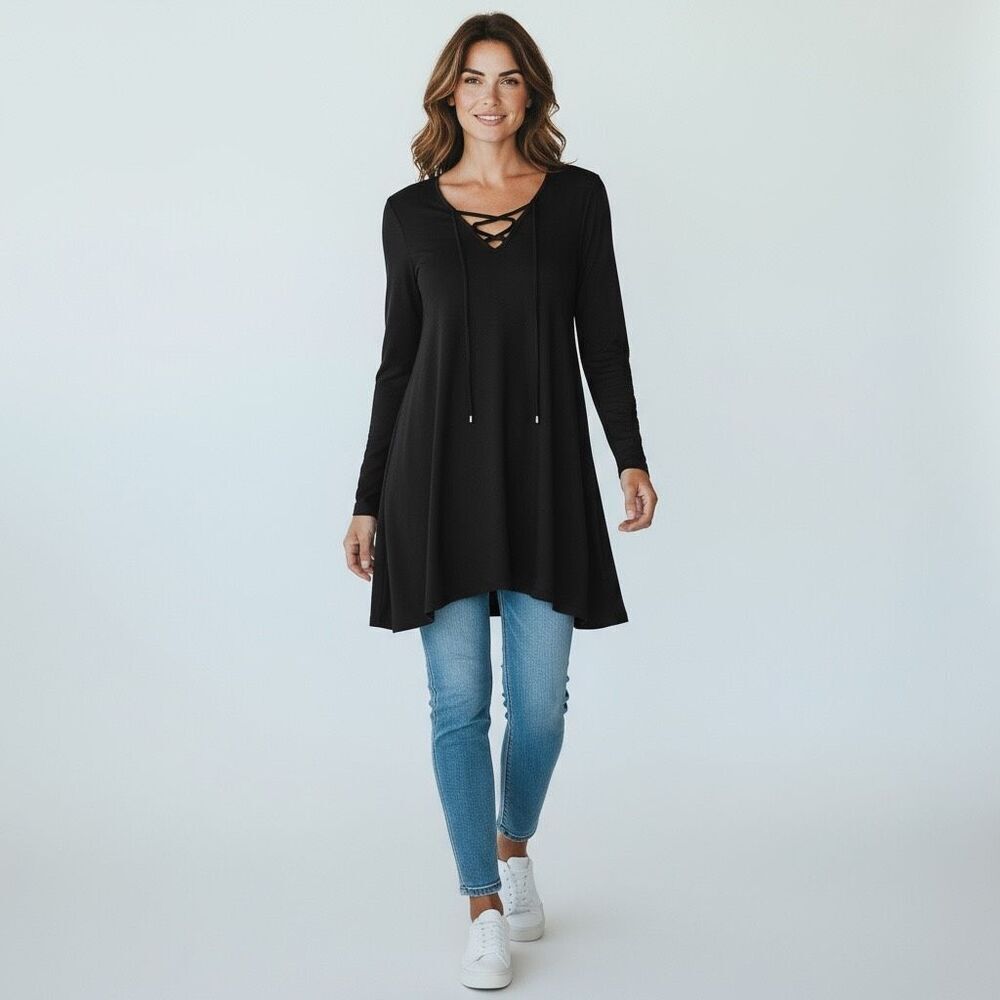 Solid Black V Neck Asymmetrical Lace Up Front Long Sleeve blouse Spandex size M